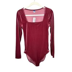 Old Navy Wine Square Neck Velvet Long Sleeve Bodysuit Medium NWT